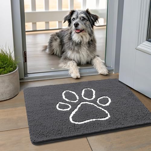 Smiry Dog Door Mat for Muddy Paws, Absorbent Non Slip Dirt Trapper, 24x16 | Dark Grey and White, Quick Dry Washable Chenille Mat for Mud Dogs, Entry Rug for Indoor and Outdoor - color: Dark Grey and White, size: 24"X16"
