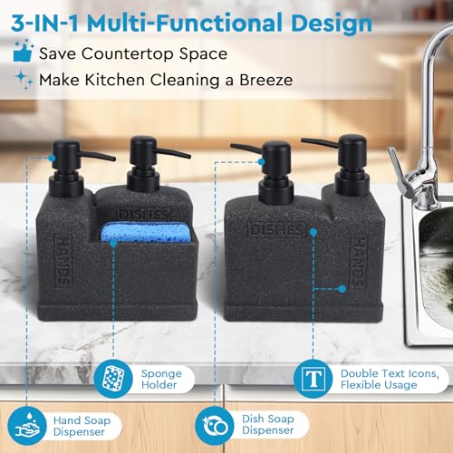 Kitchen Hand Soap and Dish Soap Dispenser Set,Dual Soap Dispenser with Sponge Holder 3-in-1 Organizer for Kitchen Sink,Bathroom,Useful Kitchen Gadgets - Black - color: 3 in 1 - Black