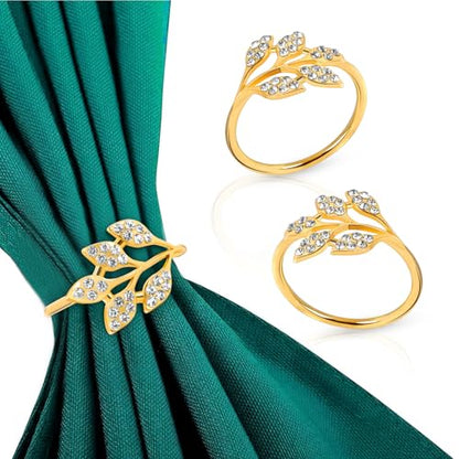 6Pcs Gold Alloy Leaf Napkin Rings, Decorative Napkin Ring Holders | Shiny White Rhinestone Gold Napkin Rings, Decor for Weddings, Daily Dining Tables & Curtain Styling