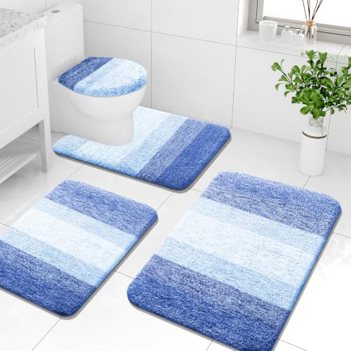 Arotive Microfiber Bathroom Rugs Sets 4 Piece, 24x16+30x20+24x20+17.5x15 | Light Royal Blue, Soft Absorbent Bath Mats, Machine Wash Dry U-Shaped Contour Rug and Toilet Lid Cover for Bathroom - color: Light Royal Blue, size: 30" X 20" + 24" X 16" + 24" X 2