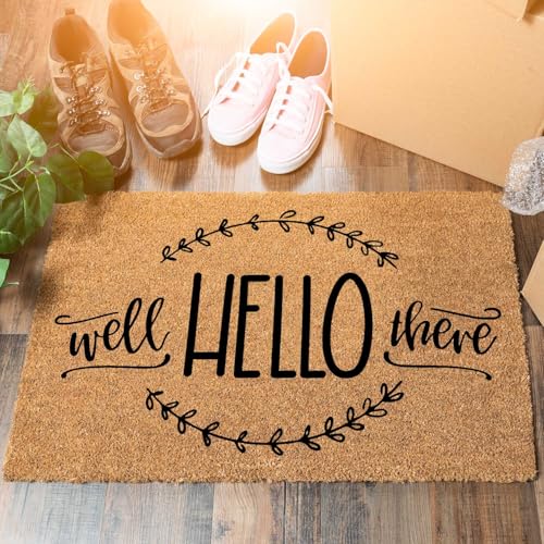 Funny Coir Doormat Well Hello There for The Entrance Way Personalized Rugs with Heavy-Duty PVC Backing Non Slip Outdoor 23.6 x 15.7 inch - color: Well Hello There
