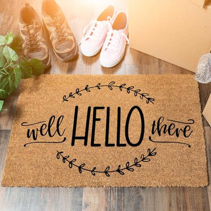Funny Coir Doormat Well Hello There for The Entrance Way Personalized Rugs with Heavy-Duty PVC Backing Non Slip Outdoor 23.6 x 15.7 inch - color: Well Hello There