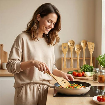 Smiley Face Wooden Spoons Set, 5-Piece Organic Bamboo Cooking Utensils | Cute Kitchen Gadgets with Smooth Splinter-Free Finish, Heat Resistant Funny Spatula for Daily Cooking & Gifting