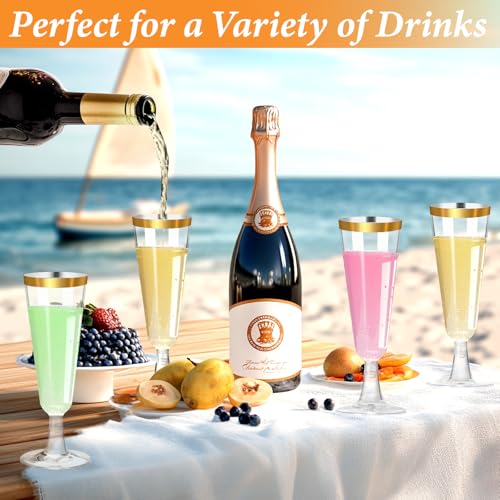200 Pack Plastic Champagne Flutes with Gold Rim, 5.5 Oz Clear Disposable Plastic Champagne Glasses, Wine Glasses Cups for Wedding Celebration Birthday Party Wine Tasting New Years Eve Party Supplies - color: Gold Rim, size: 200-Pack