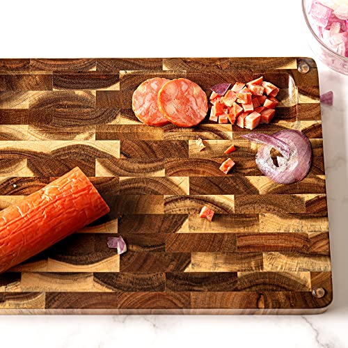 End Grain Butcher Block 15"x11", Premium Acacia Wood Cutting Board with Juice Groove, TJ POP Medium Chopping Board for Kitchen, 1.2" Thick - color: End grain-rectangle