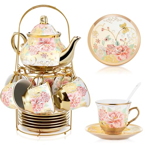 Zhehao 20 Pcs Porcelain Tea Set with Metal Holder and Spoon Adult Ceramic Tea Set European Flower Painting Teapot Cup Saucer Spoon for Women Mom Gift, Large Version (Gorgeous Style) - color: Gorgeous Style