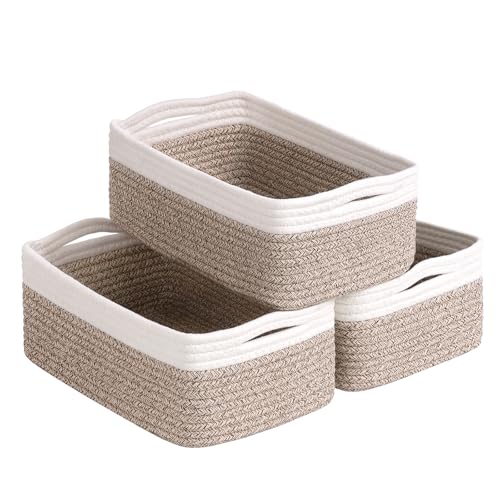 Goodpick 3-Pack Rope Storage Baskets for Gifts,11 x 7 x 4.5 in | Empty Baskets for Shelves, Dog Toy Basket, Closet Baskets for Organizing, Empty Baskets for Gifts, White & Light Brown - color: White & Light Brown, size: Small (11"L x 7"W x 4.5"H)