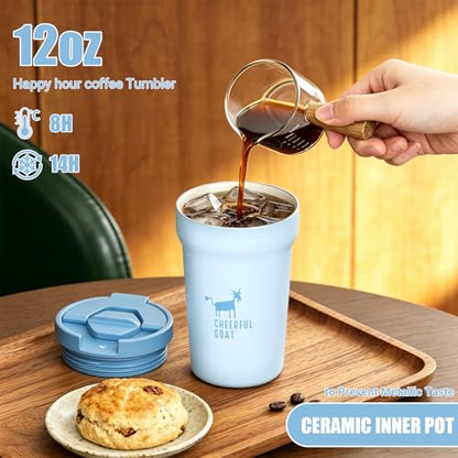 CHEERFUL GOAT Ceramic Lined Coffee Mug – Stainless Steel Travel insulated Tumbler with Ceramic Liner, with lid, 12oz Leak proof Cup for Hot and Cold Water Coffee at Home, Office, or On the Go (Blue) - color: Blue
