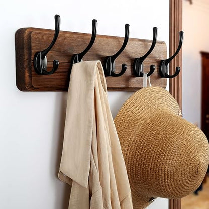 Wall Mounted Coat Rack: Patented, Heavy-Duty, 17.4" Long 5-Double-Hooks Wooden Hanger Rail for Winter Coats, Hat, Jacket, Clothing - Natural & Black - color: Natural & Black, size: L=17.4" (1pcs)