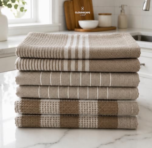 CSL Premium Kitchen Towels Set of 6,Highly Absorbent,Quick Dry,18x28,Beige | Premium Cotton, Soft Sturdy Weave, Sbsorbent and Quick-Drying, no Streaking, Hanging Loop, Blends with any Decor, Great Gift - color: Beige - Waffle, size: 6 Pack