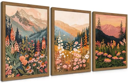 Boho Colorful Landscape Wall Art Set of 3, Vintage Wildflower Mountain Canvas Wall Decor Paintings, Rustic Nature Floral Pictures Prints for Living Room Bedroom 16x24 Inch Wood Framed - color: Colorful Wildflower, size: 24L" x 16W"