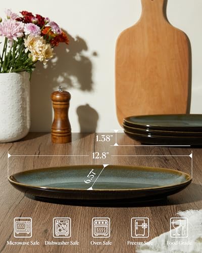 12.8" Oval Serving Platters, Stoneware Party Tray Set for Entertaining, Microwave Safe Large Platter for Fruit/Cheese/Cookie/Sushi/Appetizer, Ceramic Serving Trays Plates of 4, Aurora Green - size: Oval
