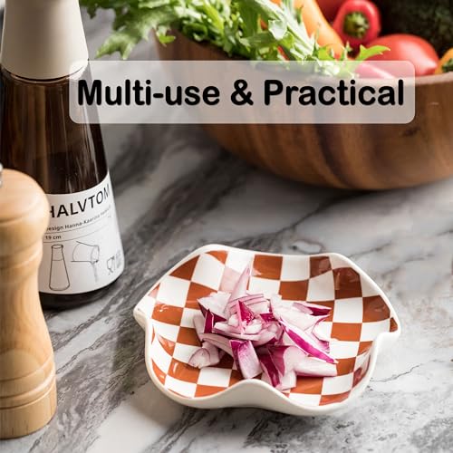 Miamolo Checkered Spoon Rest for Kitchen Counter, Holds Cooking Utensils | 5.3" Spoon Holder for Stove Top | Ceramic Solid Build, Deep Well for Messy Drips | Coffee Bar Essential, Dishwasher Safe - color: Brown-White
