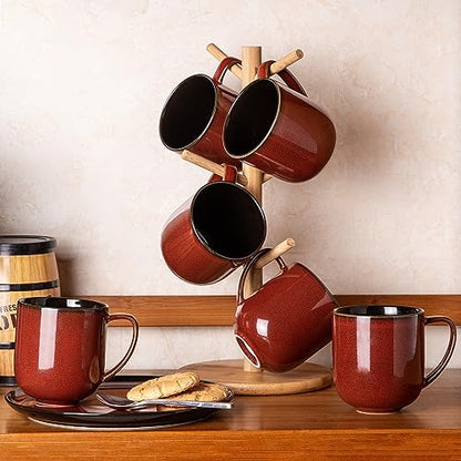 LERATIO Ceramic Coffee Mugs Set of 6,12oz Handmade Coffee Mugs Set | Large Handle for Cappuccino/Latte/Tea/Hot Cocoa,Oven &Dishwasher & Microwave Safe-Red - color: reactive glaze-2