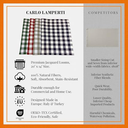 Premium Gingham Check Cloth Placemats by Carlo Lamperti Italy (Set of 4) 100% Cotton Green Plaid Place Mats, 20x14 Jacquard Woven Cloth Stain Release Fabric for Dining Table, Machine Wash - color: Oregano