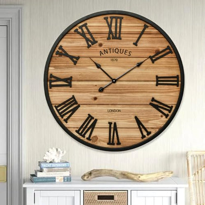 EMAX HOME 30 Inch Farmhouse Wall Clock - Large Rustic Wood, Silent Sweep, Battery Operated for Living Room Kitchen Office, Brown - size: 30 Inch