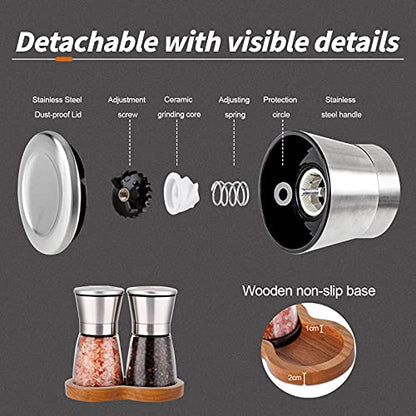 LessMo Salt and Pepper Grinder Set with Wooden Standing Tray, Refillable Pepper Mill Set - Brushed Stainless Steel - Short Glass Shakers with Adjustable Coarseness for Peppercorn, Salt or Spice Mills