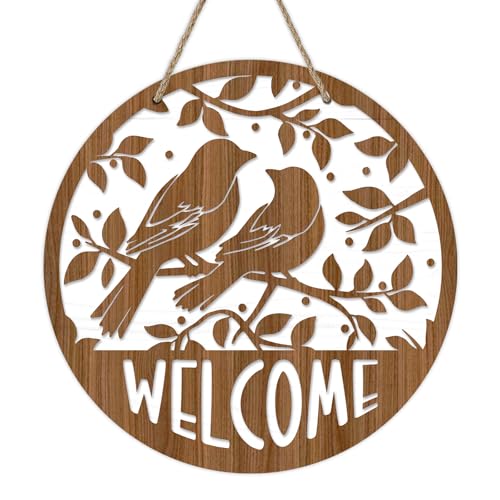 Deroro Welcome Spring Summer Birds Silhouette Front Door Sign | Branches Farmhouse Wood Door Hanger Outdoor Outside Porch Decor, Rustic Seasonal Wooden Wreath Indoor Wall Hanging Decoration - color: Wood