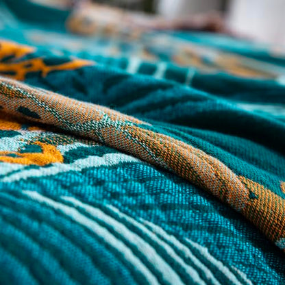 100% Cotton Muslin Throw Blanket 90''x98'', Soft Breathable Lightweight, All-Season Reversible Bohemian Tropical Safari Leopard Animal Print Bedspread Coverlet, Fringed Teal Jungle Bed Throw - color: Orange Leopards, size: 90"x98"