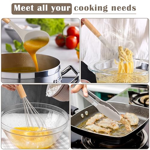 E-far Silicone Cooking Utensils Set, 10-Piece Heat Resistant Kitchen Utensils Set with Wooden Handle for Nonstick Cookware, Kitchen Nonstick Tools Spatula Whisk Tongs Ladle, Non-toxic & Healthy(Khaki) - color: Khaki, size: 10