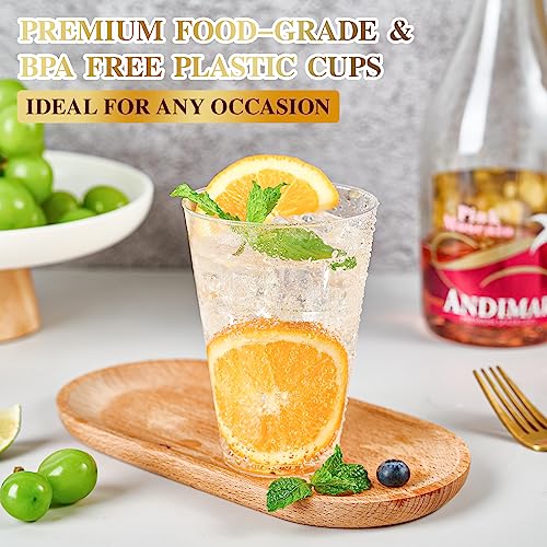FOCUSLINE 100 Pack 14 oz Clear Plastic Cups, Disposable Drinking Cups | Heavy-Duty Hard Plastic, Reusable, Crack Resistant, Ideal for Weddings, Parties, Thanksgiving, Halloween, Christmas - color: 14 oz Clear