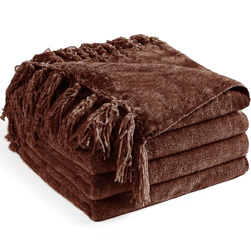 Chenille Throw Blanket for Couch 50" x 60", Dark Brown | Soft Cozy Warm Throws with Fringe Tassel Living Room Bed Sofa Chair Cover, Lightweight Knitted Boho Blankets Fall Decor - color: Dark Brown, size: 50x60 inch
