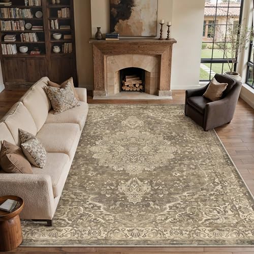 Area Rugs 9x12 Washable Rug for Living Room Brown | Living Room Rug,Vintage Rug,Bedroom,Dining Room,Office,Farmhouse,Non-Shedding,Non Slip,Low Pile,Soft - color: Brown Ⅲ, size: 9' x 12' (Rectangular)