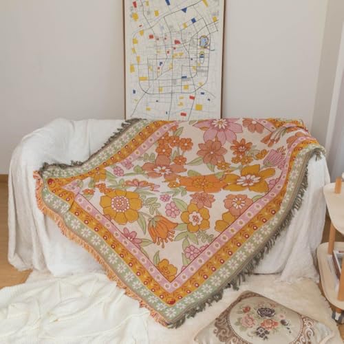 Versatile Floral Throw Blanket - Soft, Breathable Cotton for Couch & Bed, Decorative Art Style, Machine Washable