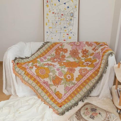 Versatile Floral Throw Blanket - Soft, Breathable Cotton for Couch & Bed, Decorative Art Style, Machine Washable
