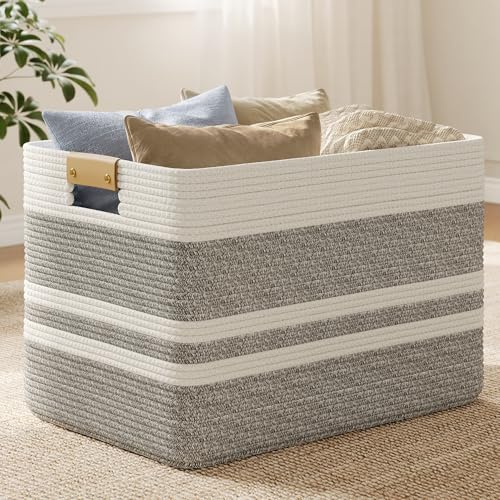 Nunsino 96L Woven Blanket Basket with Leather Handles, Cotton Rope Laundry Basket Hamper,Decorative Nursery Basket Toy Storage Basket for Kids, Living Room, Bedroom, Bathroom,Gray White - color: Grey White, size: 96L