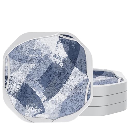 UMIRRO Absorbent Felt & Silicone Drink Coasters Set of 4, Distressed Floral | Leakproof & Non-Slip, Vintage Boho Abstract Coffee Table Decor for Home Bar, Kitchen, Navy Blue Mandala Pattern, Octagon 4" - color: 27. Bloom, size: 4 Pack