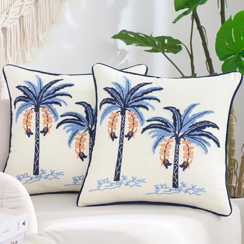 Embroidered Throw Pillow Covers 18x18 Pack of 2 Blue Palm Tree | Ocean-Themed,Durable Fabric,Square Pillow Cover,Boho Decorative,Hidden Zipper,Aesthetic Design,Ideal Gift,Machine Washable - color: Blue Palm Tree