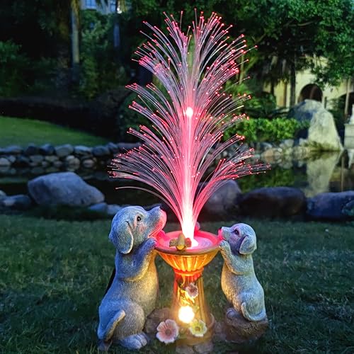 Solar Dog Statues Garden Decor with LED Lights -Resin Dogs Figurines Lights and Colour Changing Fiber Optical Light, Outdoor Decorations for Patio Yard Lawn Ornaments-Gifts for Housewarming - color: Grey and Brown（dog）