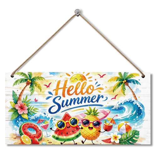 Hello Summer Wooden Hanging Sign, Cottage Welcome Sign, Tropical Summer Printed Wodd Wall Art Signs, Home Farmhouse Porch Decor For Porch, Entryway, Kitchen and Dining Room - color: Style 25