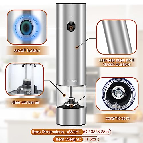 Electric Pepper Grinder & Salt Mill - Battery Operated Stainless Steel Body with Transparent Container LED Light One-Hand Operation Push-Button Switch Adjustable Coarseness Easy Refill & Clean | Side-button switch, stainless steel body, 70ml transparent c