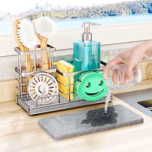 SWTYMIKI Kitchen Sink Caddy Organizer, Smiley Face Sponge Holder for Kitchen Sink, Instant Drying Sponge Holder with High Dish Brush Holder Organizer for Countertop, Silver - color: Silver-drying Stone