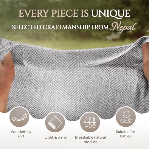 Cashmere Blanket – Hand Woven 100% Pure Wool Throw Blanket, 135 x 270 cm – Fine Herringbone Pattern Cozy, and Soft Blanket for Bed, Sofa, or Couch - Made in Nepal - color: Light Grey