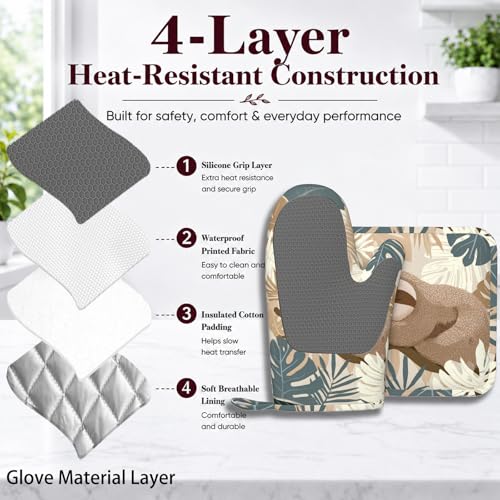 Sloth Boho Palm Leaves Oven Mitt and Pot Holder with Silicone Heat Resistant Kitchen for Cooking BBQ Baking Grilling Cooking Protection - color: Sloth Boho Palm Leaves