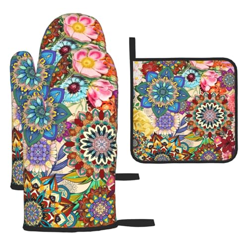 Boho Floral Oven Mitts and Pot Holders Sets of 3, Cute Baker Stuff | Heat Resistant Colorful Kitchen Gloves Hot Pads,Chef Cooking Gifts for Women Bakers,Kitchen Gifts for Baking Lover Cooks Mom - color: Boho Floral