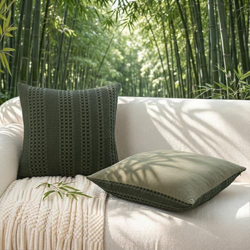 a moment 2 Pack Bamboo Fiber Pillow Covers - Waffle Weave, Ultra Soft & Breathable, Euro Shams Cotton Throw Pillow for Couch, Sofa, Bedroom Living Room 26x26 Inch Olive Green - color: Olive Green, size: 26" x 26" (Pack of 2)