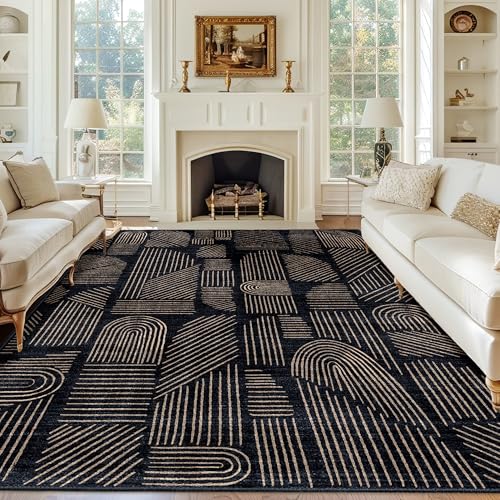Washable 8x10 Area Rugs Low Pile Non Slip Mid Century Modern Large | Machine Washable Big Throw Carpet for Living Room Dining Room Bedroom Indoor Boho Abstract Black and Gold - color: Black and Brown, size: 8' x 10' (Rectangular)
