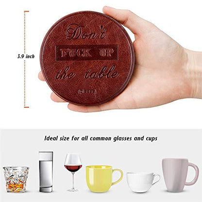 Funny Coasters, Thipoten 6 Pcs Leather Coasters with Holder, Perfect Housewarming Hostess Gifts, Protect Furniture from Water Marks Scratch and Damage(6Pcs, Coffee) - color: Coffee