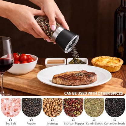 Premium Salt and Pepper Grinder Set of 2, 6 oz Refillable Glass Salt and Pepper Shakers with Adjustable Ceramic Grinder, Manual Pepper Mill Set Includes Funnel & Cleaning Brush, Transparent Lid - color: Black, size: 2.6"W x 5"H
