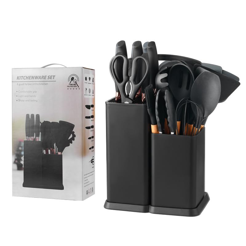 19 Pieces Kitchen Utensils and Knife Set with Block, Inldued 9 Pieces Silicone Cooking Utensils Set 5 Pieces Sharp Stainless Steel Chef Knives Scissors Whisk Tongs and Cutting Board (Black) - color: Black
