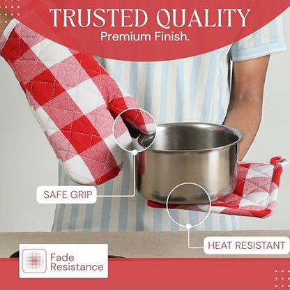 Oven Mitt & Pot Holder Buffalo Plaid Check 100% Cotton Heat Resistant Oven Gloves (7"x13") & Hot Pads (8"x8") Combo for Baking, Cooking - Red - color: Red, Buffalo Plaid