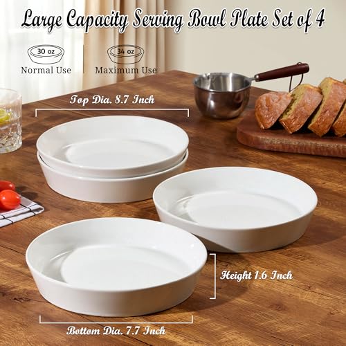 E-far Pasta Bowls, 34oz Stoneware Bowl Plate for Dinner Serving Soup Salad, Wide & Shallow Large Ceramic Pasta Plate Set of 4, Microwave & Dishwasher Safe, Speckled White, 8.7” - color: Speckled White