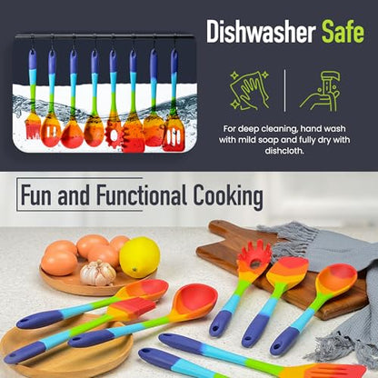 11-Piece Rainbow Silicone Spatula Bundle with Holder & Measuring Spoons – Multicolor Heat-Resistant Cooking Utensils for Nonstick Cookware – Flexible Turner, Spoon, Spatula, Brush, FDA Safe