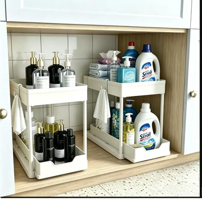 DEKAVA Cabinet, 2 Pack Under Sink Organizer, 2 Tier Sliding Bathroom Kitchen Organizer, Large White ABS Baskets, Easy Install & Clean - color: White