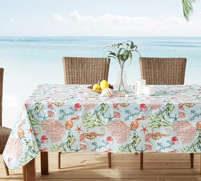 Newbridge Vinyl Rectangle Tablecloth with Flannel Backing, 60 x 102 Inch, Neponsit Sea Life, Waterproof, Soil Resistant Dining Room, Party Table Cover, Starfish, Seahorses and Coral, Blue - size: 102" x 60" (Rectangular)
