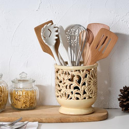 Farmhouse Kitchen Utensil Holder for Countertop, Ceramic Large Cooking Utensil Crock with Cork Mat, Decorative Rustic Utensil Holder for Kitchen Counter, Hollow Carving Flower, Beige | 6.9" Large Cooking Utensil Crock for Countertop, Decorative Rustic Ute